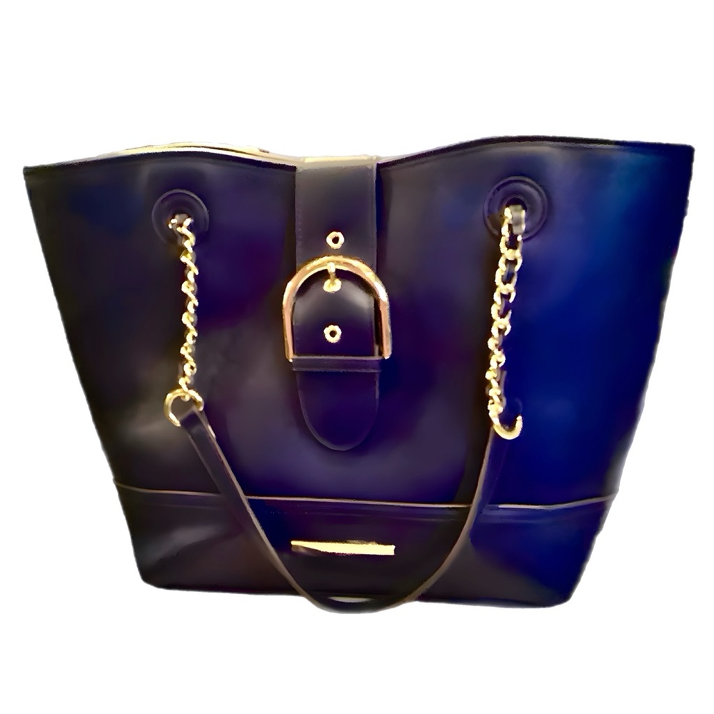 Anne Klein Dark Navy Blue Satchel Tote w/ Gold Buckle Closure & Accents